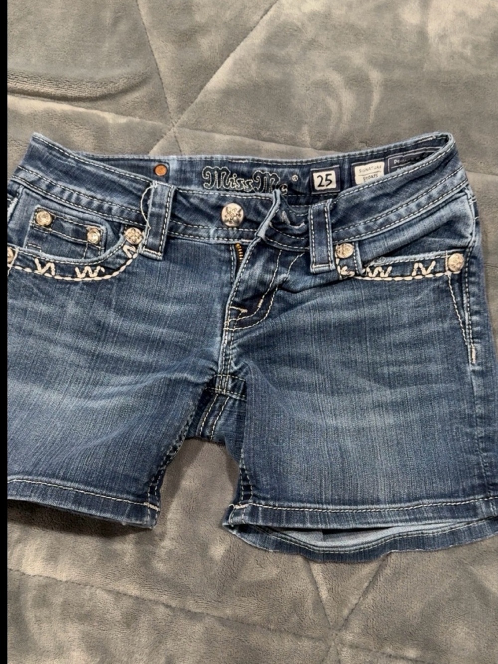 Miss Me Distressed Medium Blue Denim Shorts with Embroidered Pockets